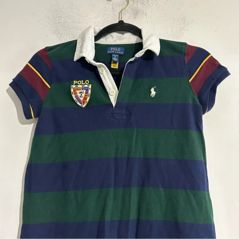 Polo Ralph Lauren Girl's Striped Stretch Mesh Rugby Dress Large Preppy Academia